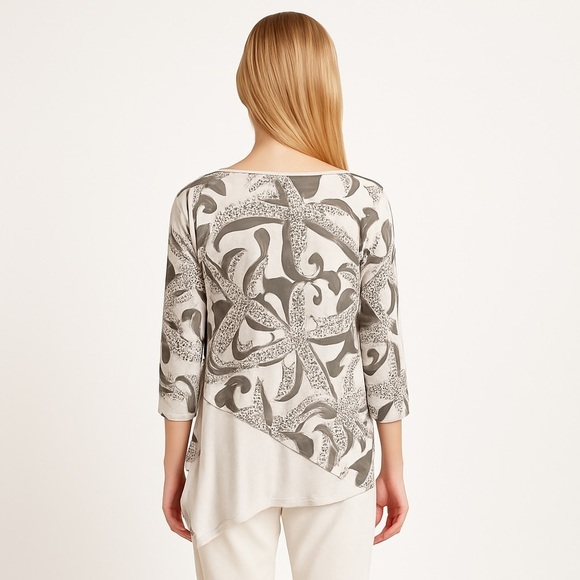SUN MODA Gray & Cream Starfish Print Asymmetrical 3/4 Sleeve Tunic Top Size S - Picture 2 of 8